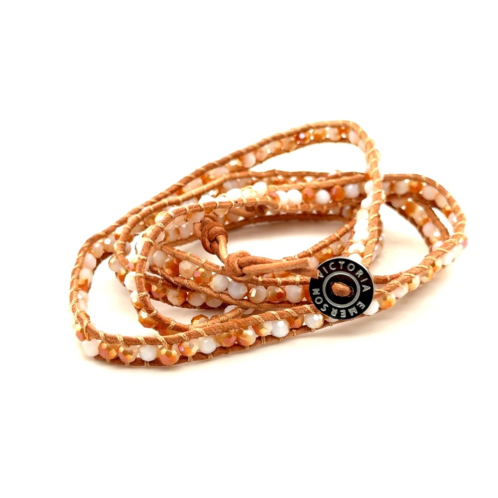 Victoria Emerson Amber White Beaded Leather Wrap Bracelet Boho Adjustable 35"